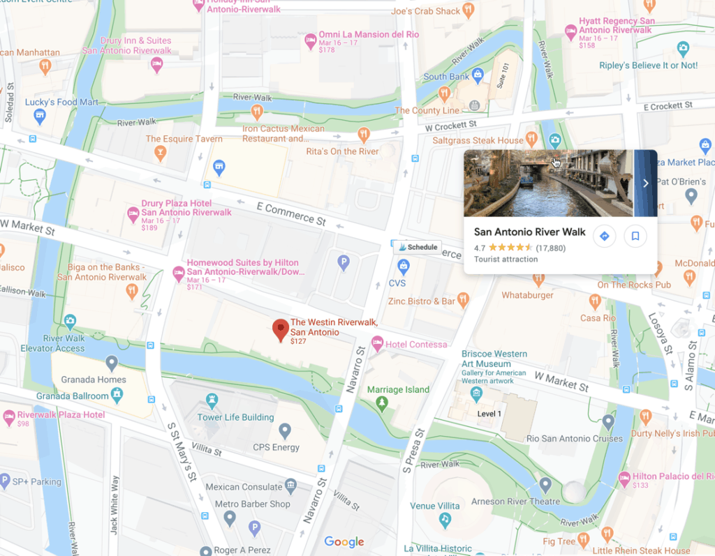 Map showing location of the Westin Riverwalk wedding venue in San Antonio